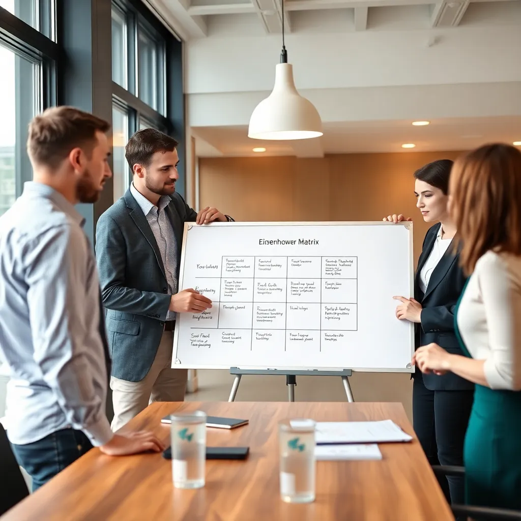 Deutsches Team nutzt die Eisenhower-Matrix bei einer Projektplanung mit Whiteboard