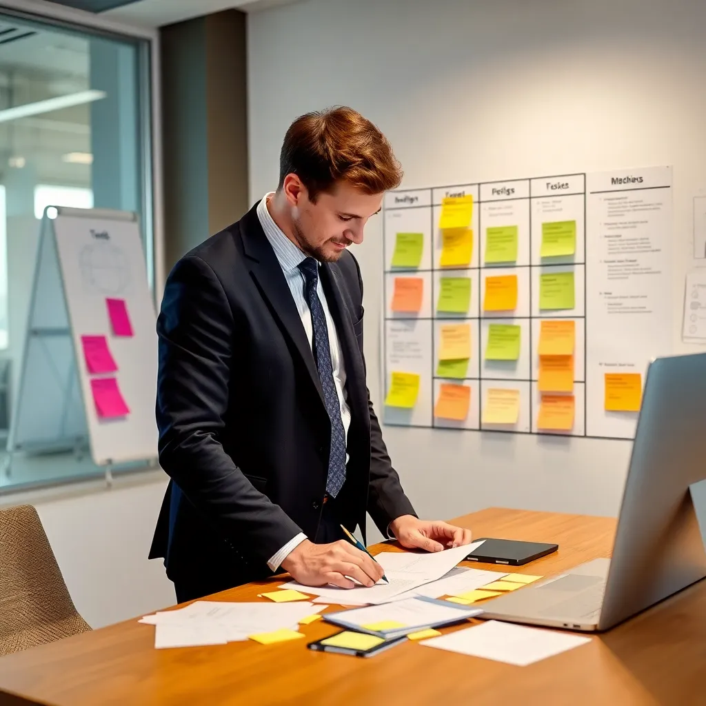 Geschäftsmann sortiert Aufgaben nach der Eisenhower-Matrix in einem deutschen Büro