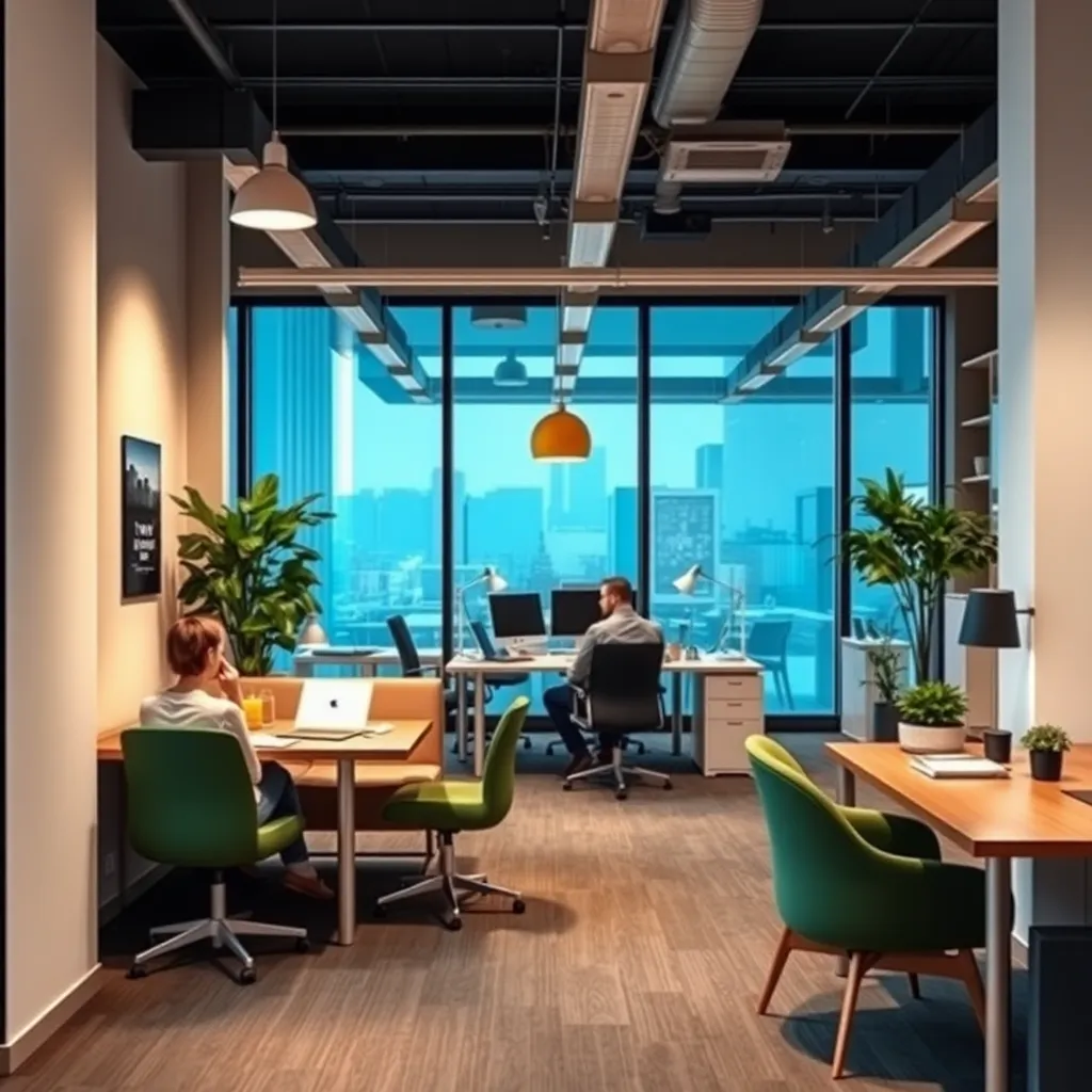 Moderne deutsche Büroumgebung mit Ruhezonen und Arbeitsplätzen