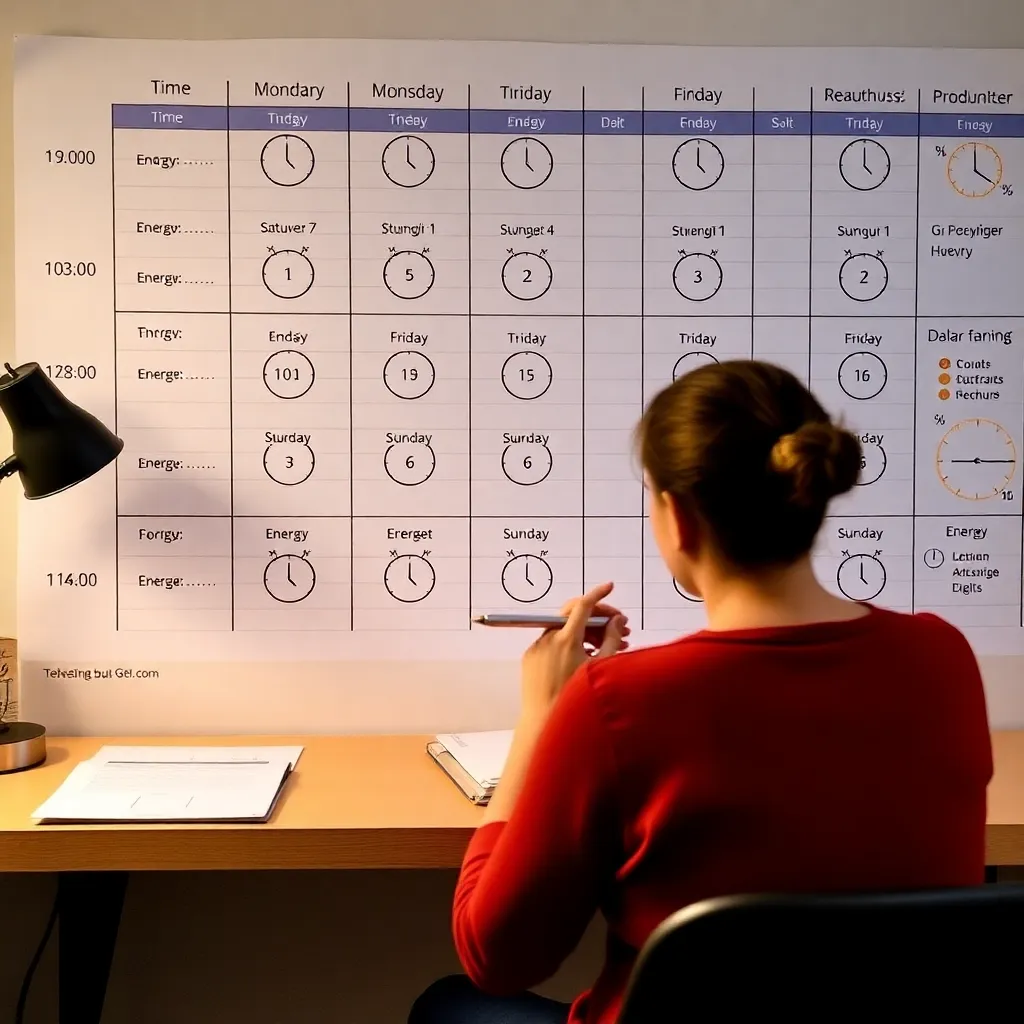 Person, die ihre Produktivitätszeiten und Energieniveaus in einem strukturierten Tagesplan verfolgt