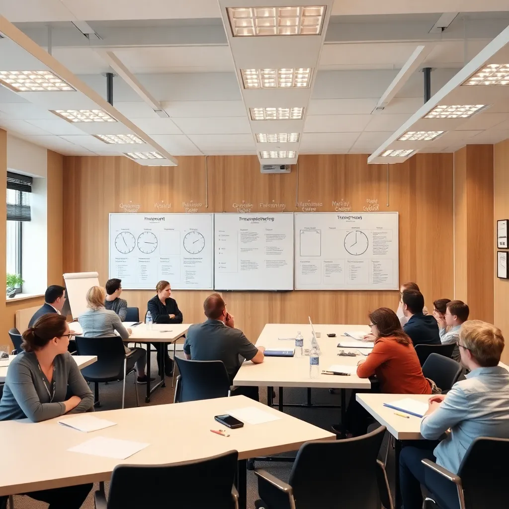 Strukturierter Workshop-Raum mit Teilnehmern an Arbeitstischen und Zeitmanagement-Diagrammen an der Wand
